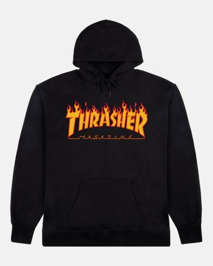 Black Thrasher hoodie with flame logo on chest