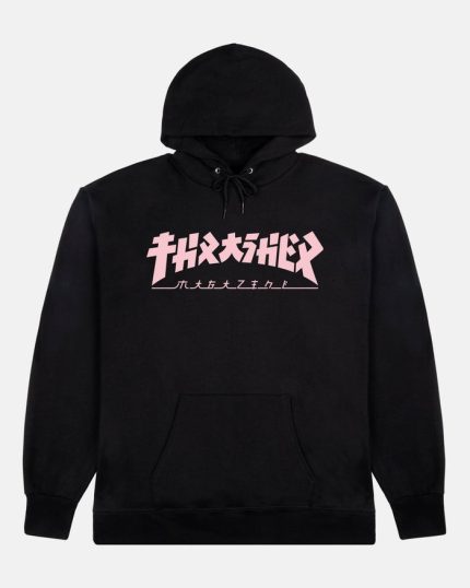 Thrasher hoodie in black with pink Katakana logo on chest