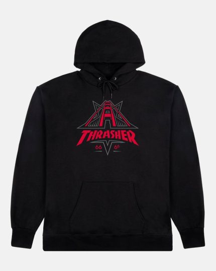 Black Thrasher hoodie with white Bridge logo across chest