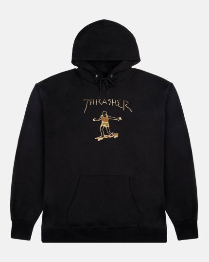 Black Thrasher hoodie with skateboard art graphic on front
