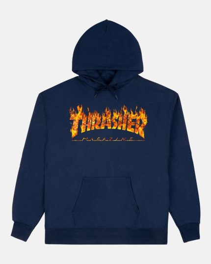 Navy Thrasher hoodie with intense flame logo on chest