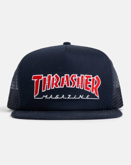 Thrasher trucker hat with bold red logo patch on front