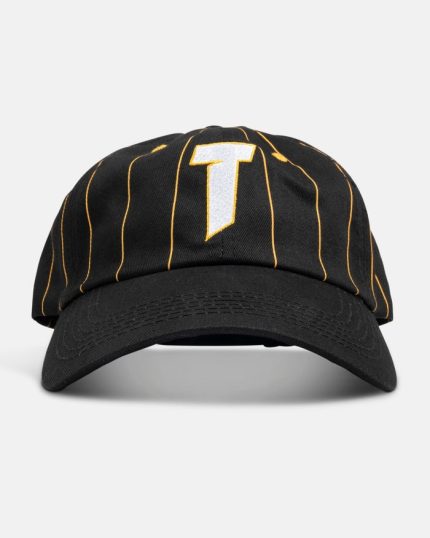 Black pinstripe cap with white 'T' logo on the front